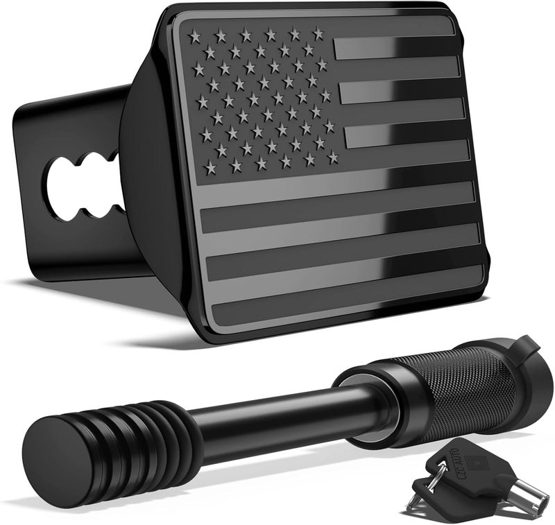 OGYE Heavy American Flag Metal Trailer Hitch Cover for 2 Inch Receivers (with 5/8-inch Pin Diameter Trailer Hitch Lock,Black) - Image 1